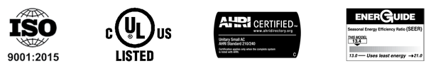 ISO 9001:2015, cULus Listed, EnerGuide, AHRI Certified