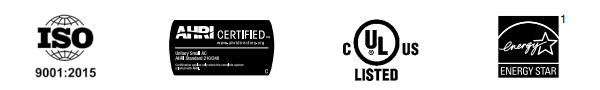 ISO 9001:2015, ENERGY STAR, AHRI Certified, cULus Listed, EnerGuide