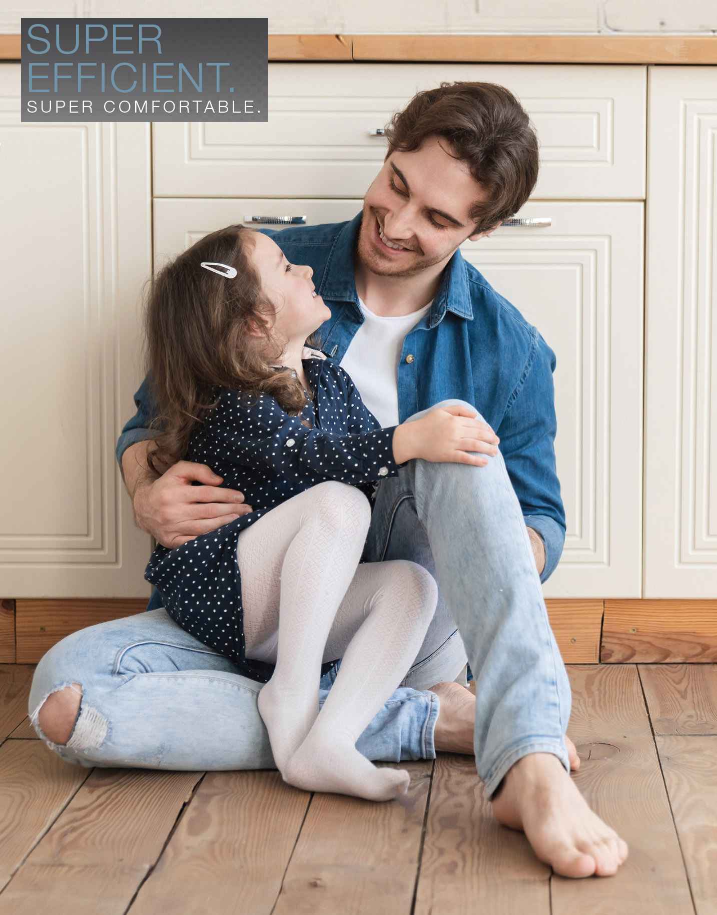 SUPER EFFICIENT. SUPER COMFORTABLE. Daddy and Daughter enjoying comfort of Rheem RA19AY Endeavor™ Line Prestige Series Air Conditioners